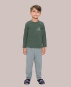 PIJAMA JUVENIL DE PLUSH MASCULINO DE MANGA LONGA VERDE COM CINZA