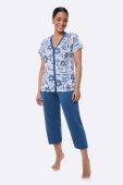 PIJAMA FEMINO MANGA CURTA ABERTO COM BOT&Otilde;ES E CAPRI AZUL PLUS SIZE - BOCEJINHO