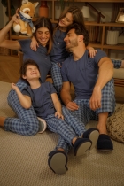 PIJAMA FEMININO JUVENIL MANGA CURTA E CALÇA XADREZ AZUL - COR COM AMOR