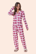 PIJAMA FEMININO LONGO COM BOT&Otilde;ES XADREZ VINHO URSO PLUS SIZE - BOCEJINHO