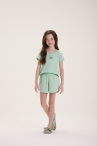 PIJAMA FEMININO INFANTIL CURTO VERDE CLARO COM LISTRAS FAM&Iacute;LIA - COR COM AMOR