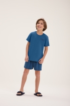 PIJAMA MASCULINO INFANTIL CURTO COM BERMUDA XADREZ AZUL - COR COM AMOR