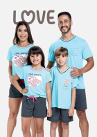 PIJAMA FEMININO INFANTIL CURTO COM MANGA AZUL FAM&Iacute;LIA - CONTEMPOR&Acirc;NEA
