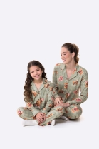 PIJAMA FEMININO INFANTIL MANGA LONGA COM BOT&Otilde;ES E CAL&Ccedil;A VERDE URSOS - BOCEJINHO