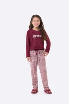 PIJAMA FEMININO JUVENIL MANGA LONGA E CAL&Ccedil;A VINHO URSO - BOCEJINHO